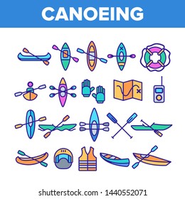 Canoeing, Active Rest Vector Thin Line Icons Set. Canoeing, Extreme Water Sports, Outdoor Activities Linear Pictograms. Kayaking Equipment, Map, Safety Tools, Boats and Oars Contour Illustrations