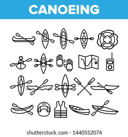 Canoeing, Active Rest Vector Thin Line Icons Set. Canoeing, Extreme Water Sports, Outdoor Activities Linear Pictograms. Kayaking Equipment, Map, Safety Tools, Boats and Oars Contour Illustrations