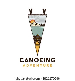 Canoeing adventure logo, retro camping emblem design with kayak, mountains scene and lake. Unusual vintage art retro style sticker. Stock vector patch