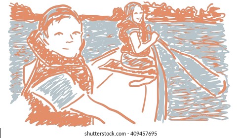 Canoeing children in lake, isolated vector