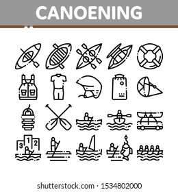 Canoeing Collection Elements Icons Set Vector Thin Line. Canoe Transportation On Car And Canoening Protection Safety Life Equipment Concept Linear Pictograms. Monochrome Contour Illustrations