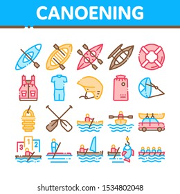 Canoeing Collection Elements Icons Set Vector Thin Line. Canoe Transportation On Car And Canoening Protection Safety Life Equipment Concept Linear Pictograms. Color Contour Illustrations