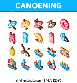 Canoeing Collection Elements Icons Set Vector. Canoe Transportation On Car And Canoening Protection Safety Life Equipment Isometric Illustrations
