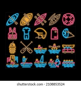 Canoeing Elements neon light sign vector. Glowing bright icon  Canoe Transportation On Car And Canoening Protection Safety Life Equipment Illustrations