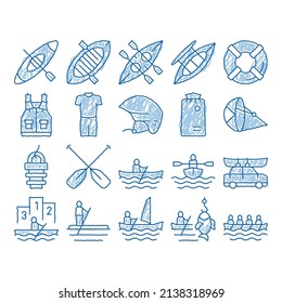 Canoeing Elements sketch icon vector. Hand drawn blue doodle line art Canoe Transportation On Car And Canoening Protection Safety Life Equipment Illustrations