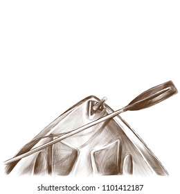 Canoeing the front part of the first-person, sketch vector graphics monochrome illustration