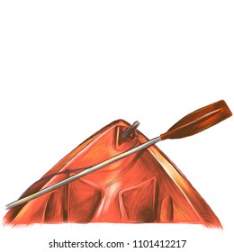 Canoeing the front part of the first-person, sketch vector graphics color illustration