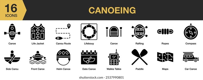 Canoeing Glyph icon set. Editable Stroke Icon Collection. Includes date, front, helm, life jacket, life buoy, paddle, and More. Solid icons vector collection.