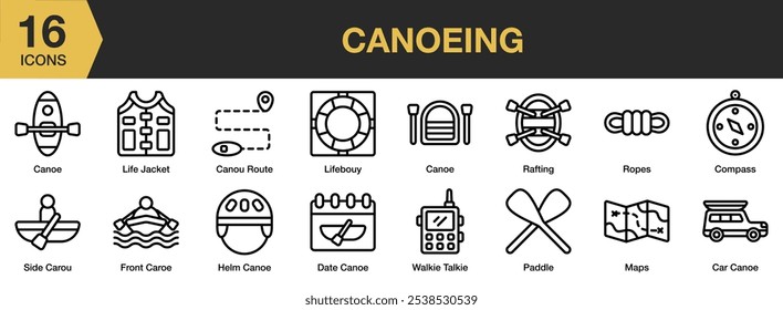 Conjunto de ícones de canoagem. Inclui data, frente, leme, colete salva-vidas, boia de vida, remo e muito mais. Contornar coleção de vetores de ícones.