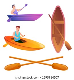 Canoeing icons set. Cartoon set of canoeing vector icons for web design