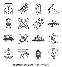 Canoeing icons set. Outline set of canoeing vector icons for web design isolated on white background