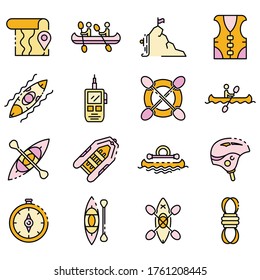 Canoeing icons set. Outline set of canoeing vector icons thin line color flat on white