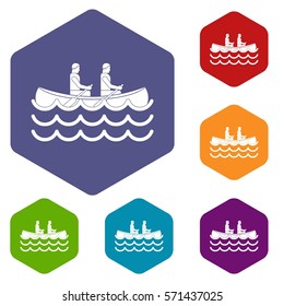 Canoeing icons set rhombus in different colors isolated on white background