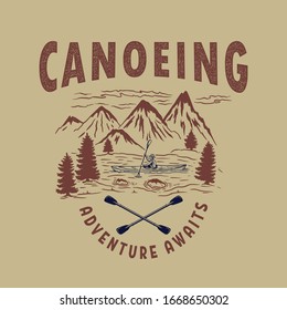 Canoa. Ilustración del paisaje montañoso silvestre, río y hombre en canoa. Elemento de diseño para logotipo, etiqueta, signo, afiche, t pantalones. Ilustración del vector