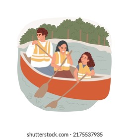 Canoeing isolated cartoon vector illustration. Parents and kids sit in canoe, holding paddle, family canoeing at lake, summer vacation, wearing lifejacket, adventure in nature vector cartoon.