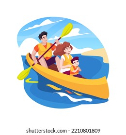 Canoeing isolated cartoon vector illustration. Parents and kids sit in canoe, holding paddle, family canoeing at lake, summer vacation, wearing lifejacket, adventure in nature vector cartoon.