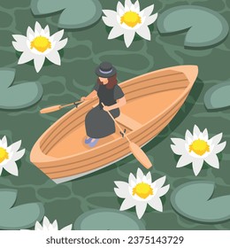 Canoeing isometric composition with woman riding paddle boat over the lake vector illustration