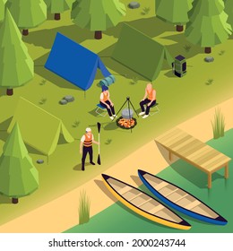 Canoeing and kayaking campsite isometric composition with riverbank boats tent people cooking food on campfire vector illustration