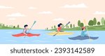 Canoeing and kayaking competition. People riding boats on river or sea. Wild recreation or hiking, forest family friends resting, recent vector scene