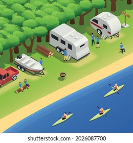 Canoeing kayaking rafting recreation riverbank campsite isometric composition with campers camping trailers barbequing paddling tourists vector illustration