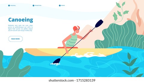 Canoeing and kayaking. Water sport website template. Man in kayak in blue lake. Extreme activity, fun outdoor recreation vector landing page