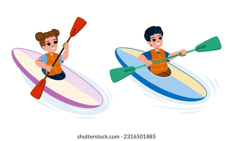 vector de canotaje infantil. kayak barco, río de verano, lago familiar, campamento divertido, canoa acuática infantil personaje de niño. ilustración de dibujos animados planos de personas