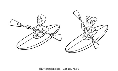 vector de canotaje infantil. kayak barco, río de verano, lago familiar, campamento divertido, canoa acuática infantil personaje de niño. ilustración de línea negra de personas