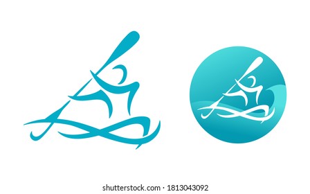 Canoeing logo or kayaking sport emblem - man silhouette that rowing with oars of canoe and river or lake waves