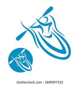 Canoeing logo or kayaking sport emblem - man silhouette that rowing with oars and paddle down the river