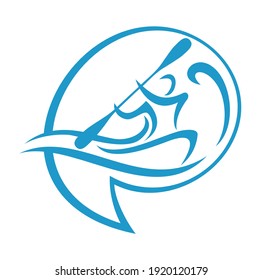 Canoeing logo or kayaking sport emblem - Pin shape with man silhouette that rowing with oars of canoe and river or lake waves. Vector illustration