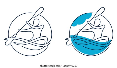 Kanu-Logo oder Kajaksport-Emblem - dünne Silhouette, die mit Rudern von Kanu-, Fluss- oder Seeschwalben rutscht. Vektorgrafik