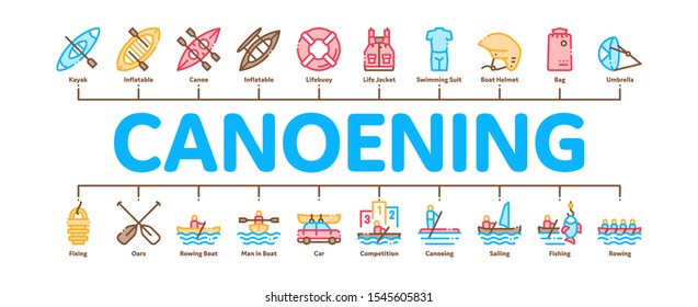 Canoeing Minimal Infographic Web Banner Vector. Canoe Transportation On Car And Canoening Protection Safety Life Equipment Concept Linear Pictograms. Color Contour Illustrations