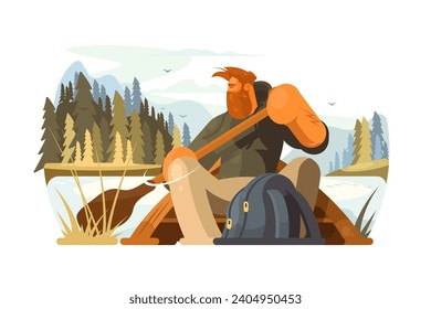 Canotaje en la Naturaleza, ilustración vectorial. Muestra a un hombre en un viaje en canoa en medio de un entorno natural sereno