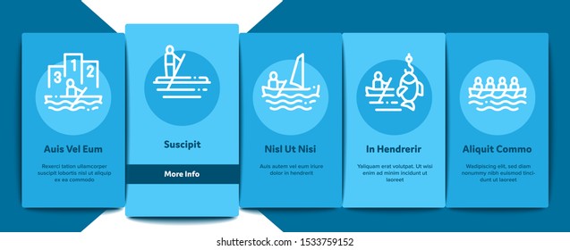 Canoeing Onboarding Mobile App Page Screen Vector Thin Line. Canoe Transportation On Car And Canoening Protection Safety Life Equipment Concept Linear Pictograms. Contour Illustrations