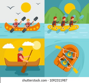 Canoeing raft team banner concept set. Flat illustration of 4 canoeing raft team vector banner concepts for web