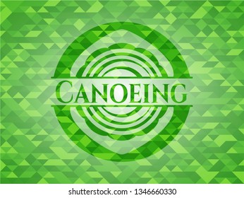 Canoeing realistic green emblem. Mosaic background