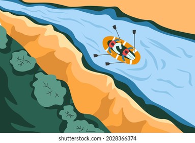 Canoeing and rowing, activities and hobbies in summertime, vacation and rest in summer. River with strong flow and stream and people on inflatable boat with oars practicing. Vector in flat style