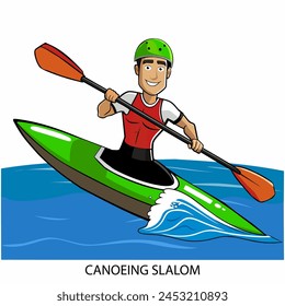 Canoeing slalom athlete isolated on white background in cartoon style. Summer Games 2024. Vector illustration.