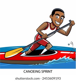 Canoeing sprint athlete isolated on white background in cartoon style. Summer Games 2024. Vector illustration.