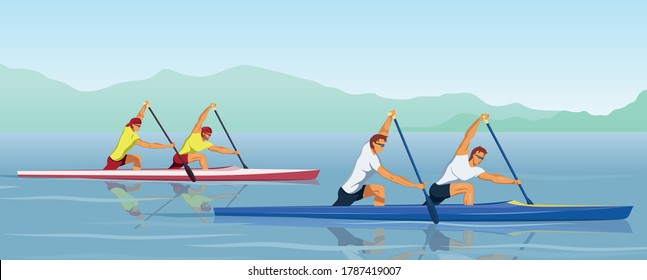 Canoeing sprint race competition between male teams. Recreational boating activity paddle sport with athletes kneel in canoe with single-bladed paddle. Kayak training in a middle of picturesque river.
