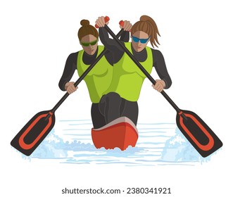 canoeing two females canoeists paddling isolated on a white background