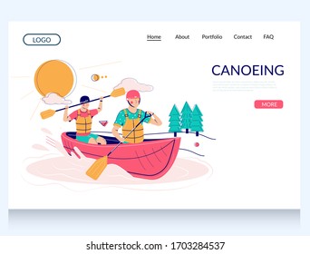 Canoeing vector website template, landing page design for website and mobile site development. Two men rowing canoe boat. Canoeing, extreme water sports, canoe adventures.