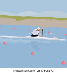 Canoeist training on a summer day on a rowing canal between buoys with the shore and distant mountains in the background