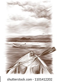 canoes float on the water one stands sideways the second only visible front, sketch vector graphics monochrome drawing