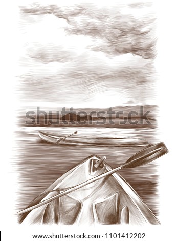 canoes float on the water one stands sideways the second only visible front, sketch vector graphics monochrome drawing