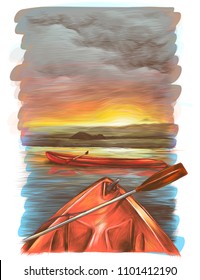 canoes float on the water at sunset one is sideways the second is only visible the front, the sunset is reflected in the water, sketch vector graphics color illustration