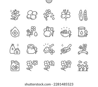 Canola. Agriculture flower field and pot. Canola price. Pixel Perfect Vector Thin Line Icons. Simple Minimal Pictogram