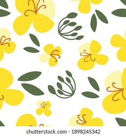 Canola flower pattern. Yellow hand-drawn bright flowers. Blooming design elements for postcards, banners. Beautiful buds in a flat style.