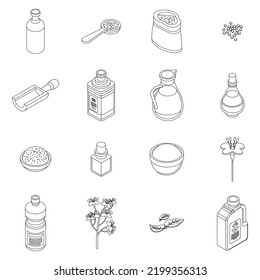 Canola icons set. Isometric set of canola vector icons outline thin lne isolated on white