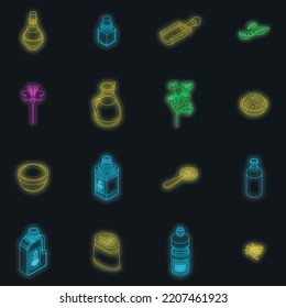 Canola icons set. Isometric set of canola vector icons neon color on black